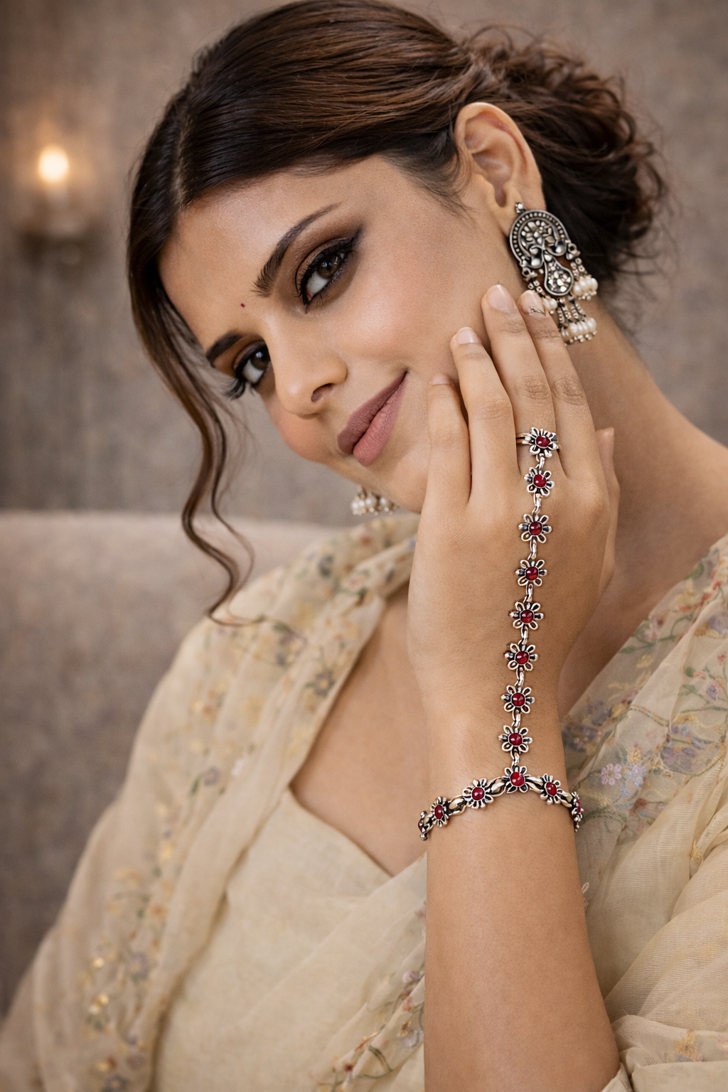 Floral Statement Hand Chain with Red Stones