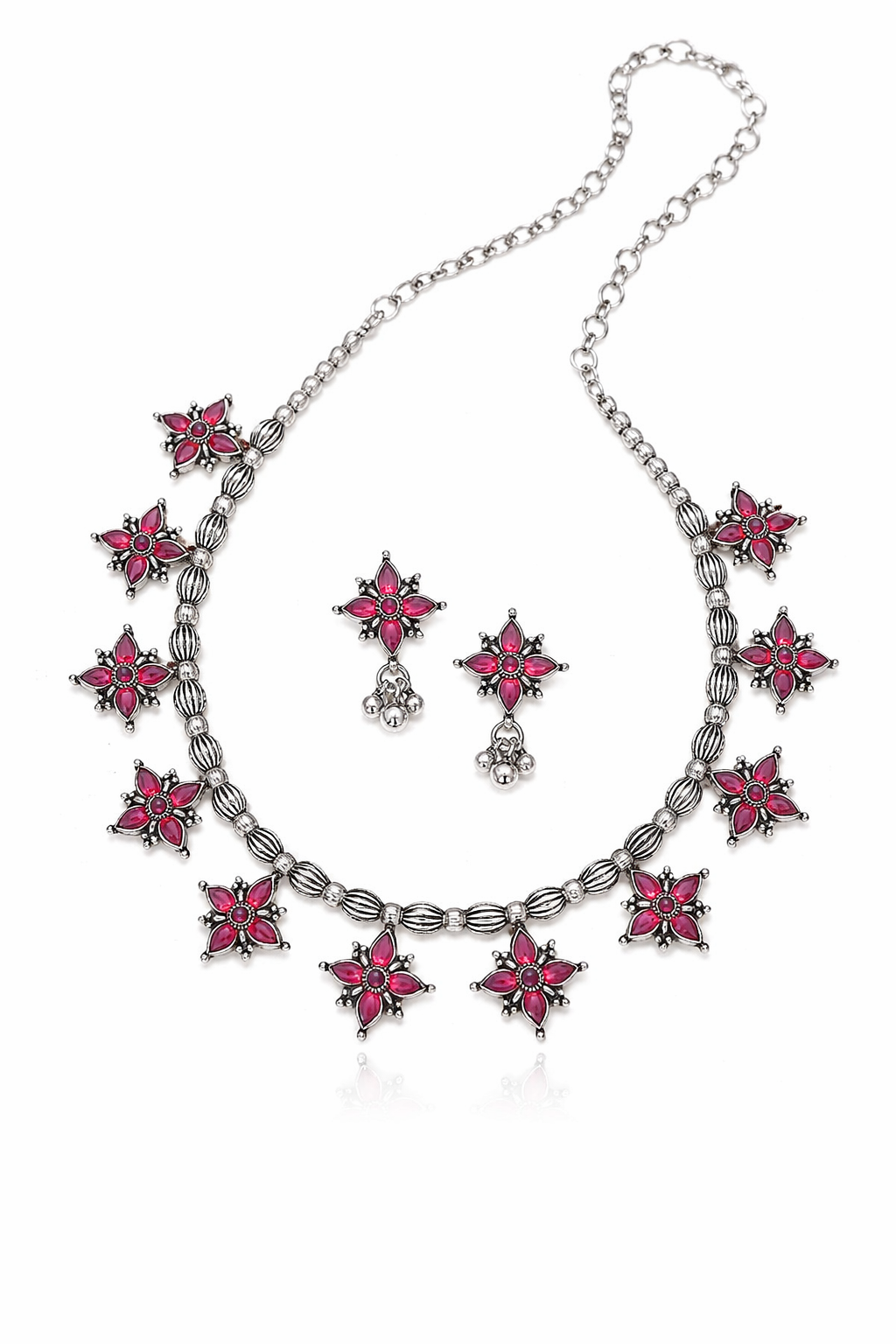 Pink Floral Statement Necklace & Earring Set (Oxidised Finish)