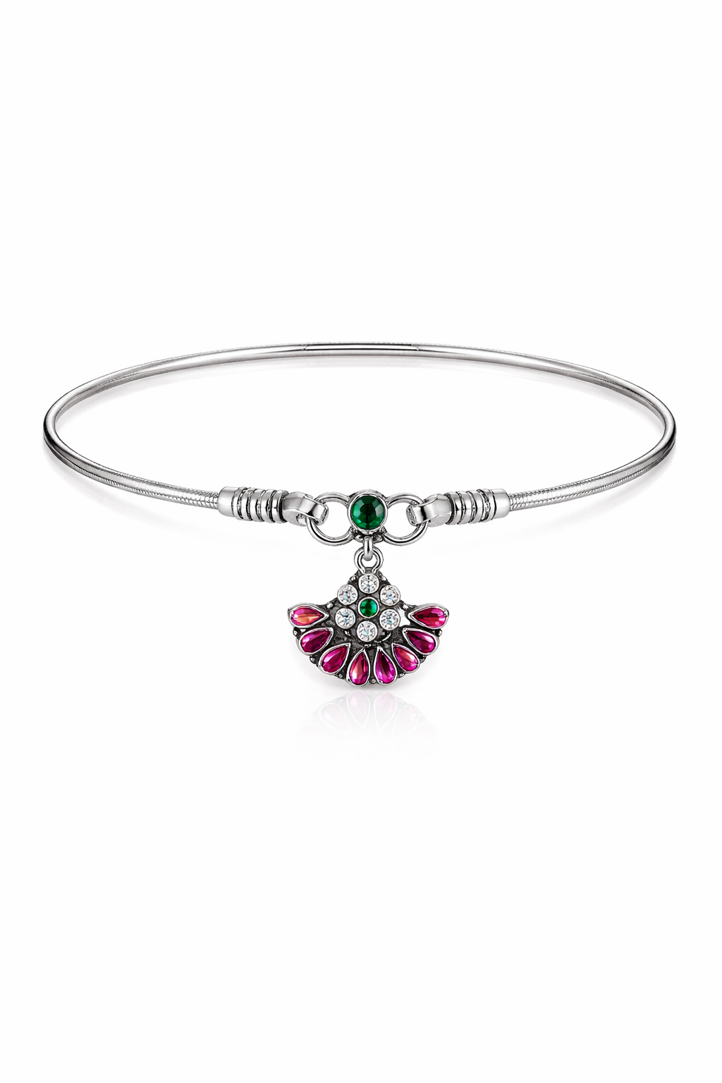 Dual-Tone Floral Charm Anklet with Green & Ruby Stones