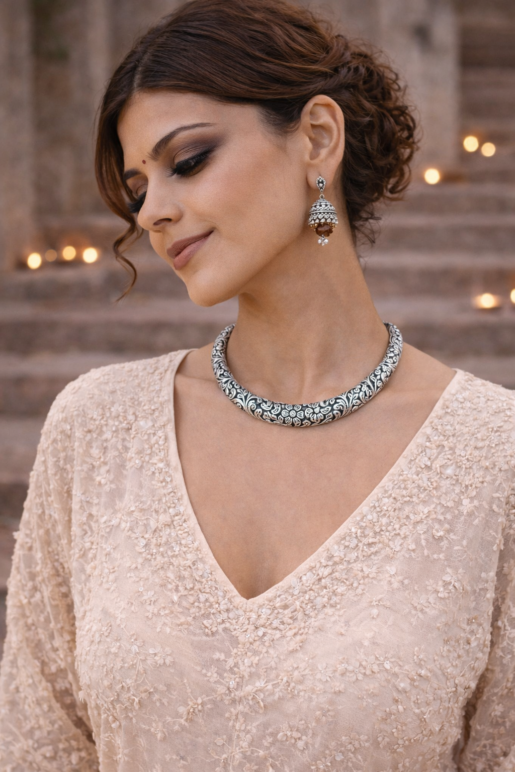 Dual Tone Engraved Oxidised Collar Necklace
