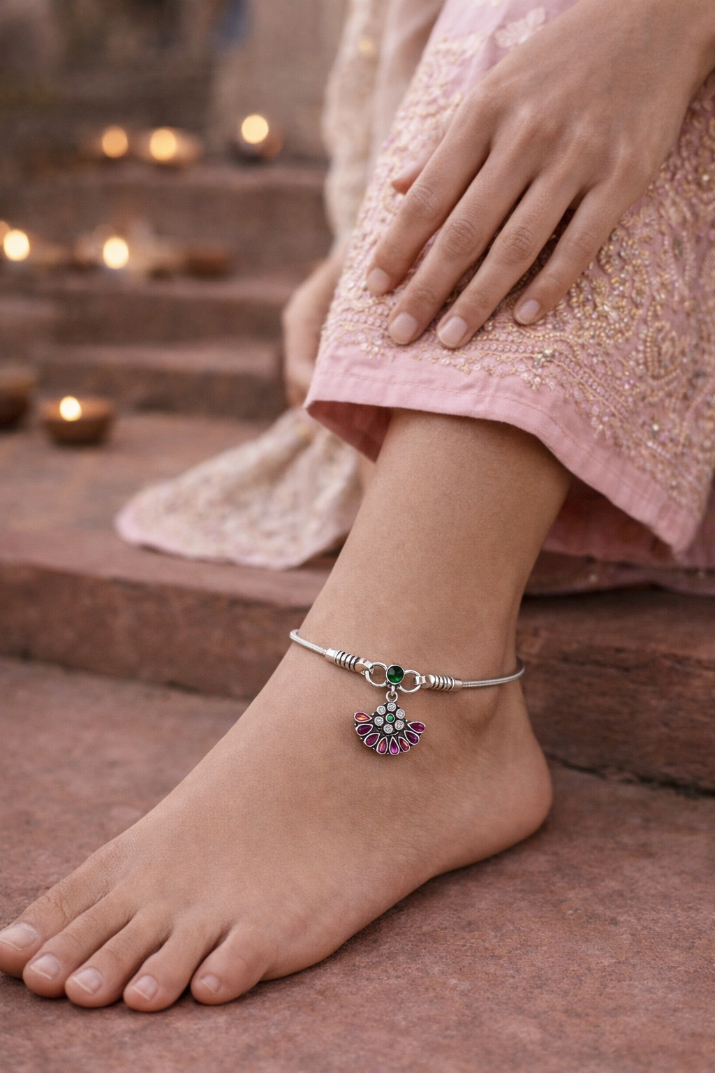 Dual-Tone Floral Charm Anklet with Green & Ruby Stones