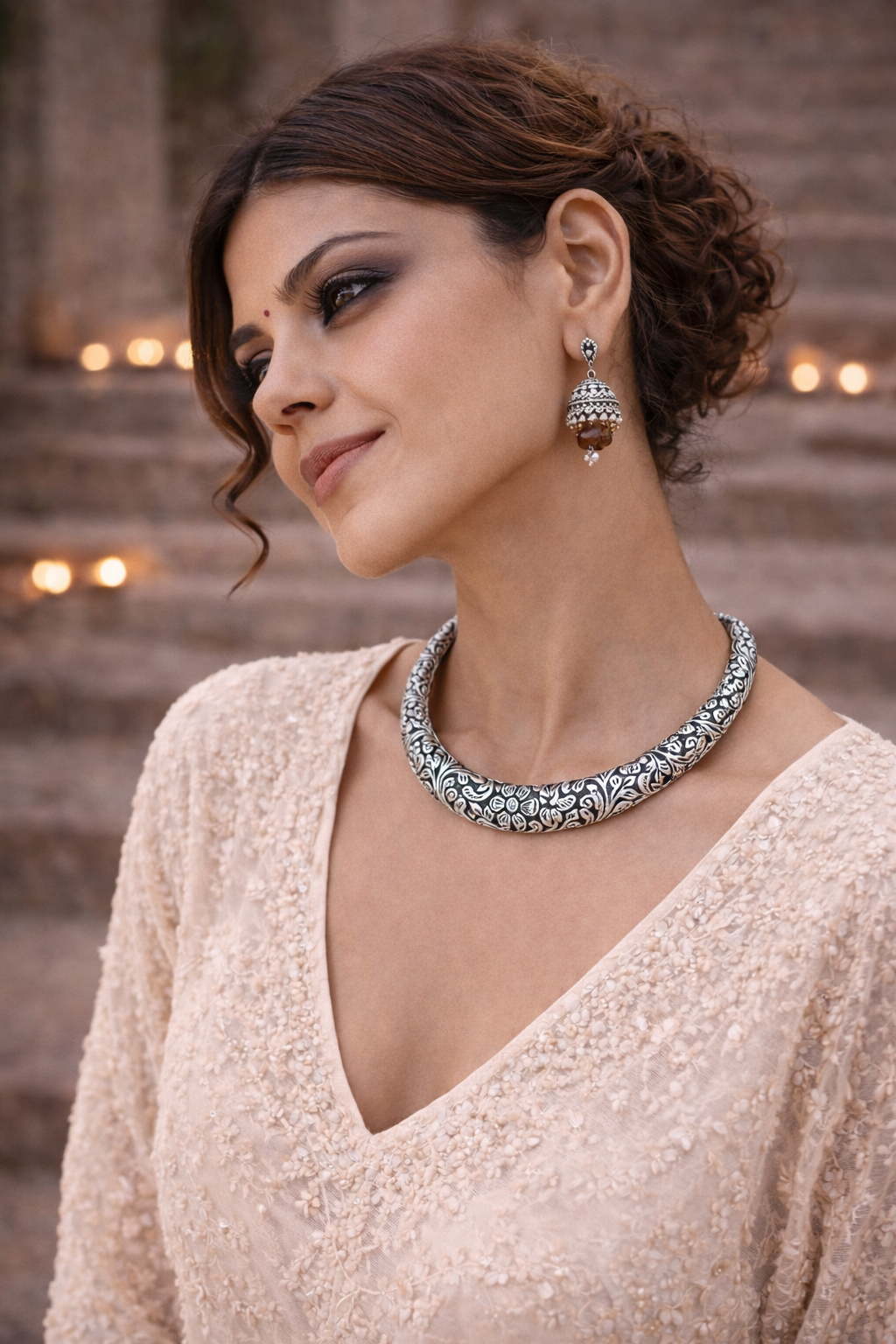 Dual Tone Engraved Oxidised Collar Necklace
