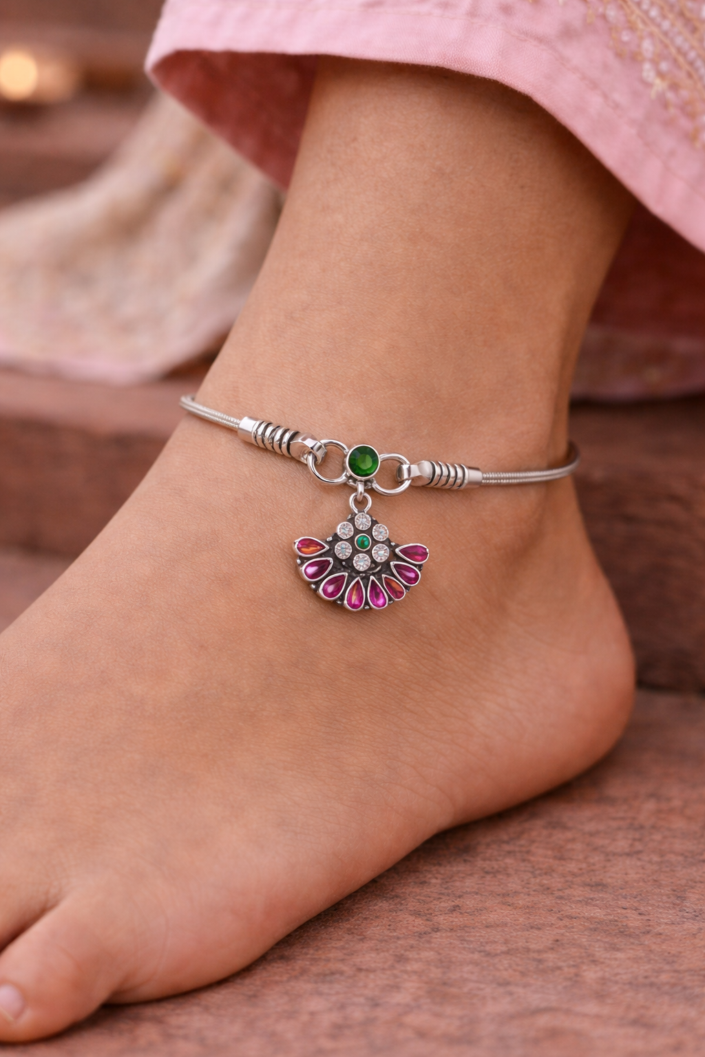 Dual-Tone Floral Charm Anklet with Green & Ruby Stones