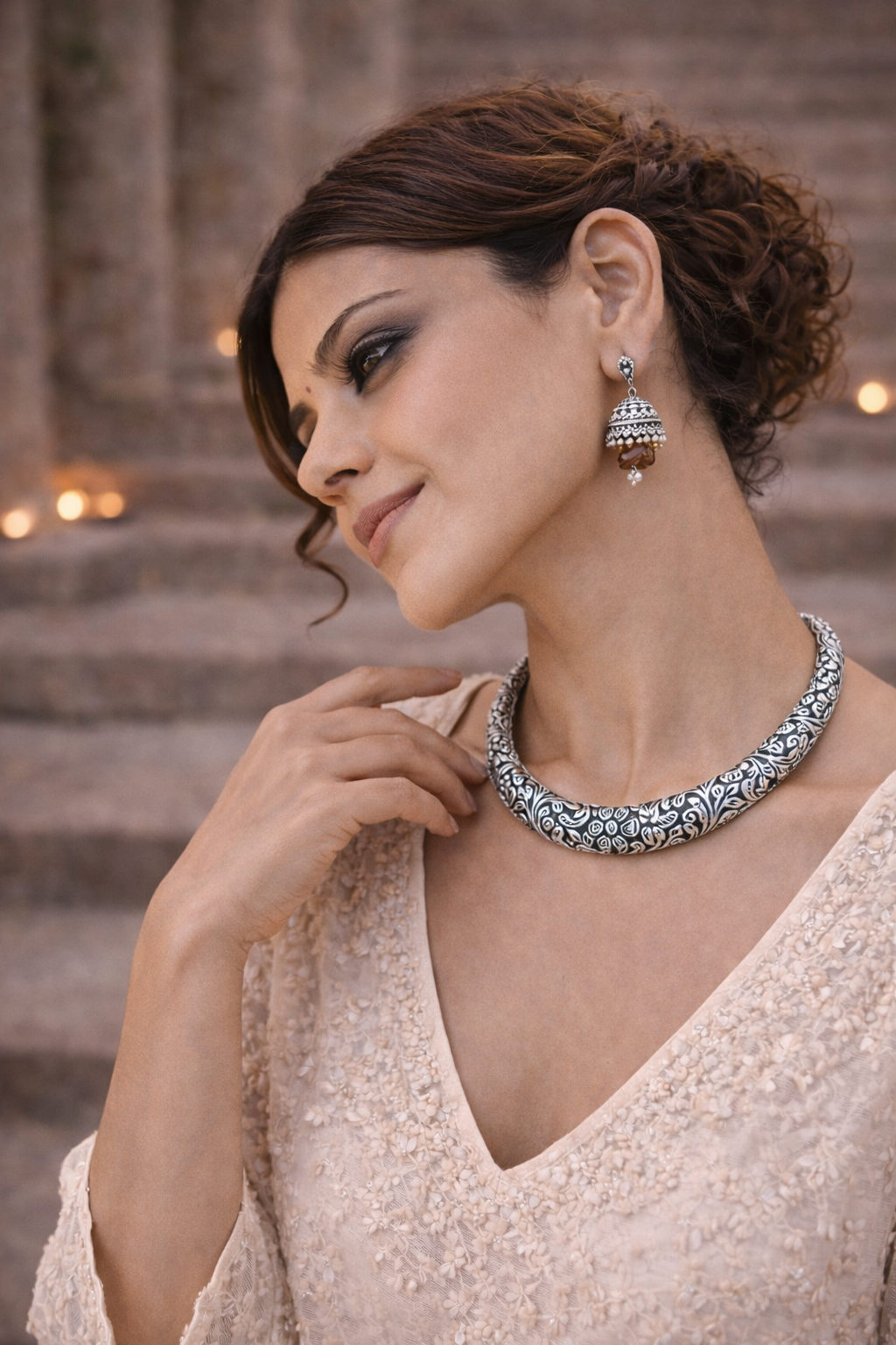 Dual Tone Engraved Oxidised Collar Necklace