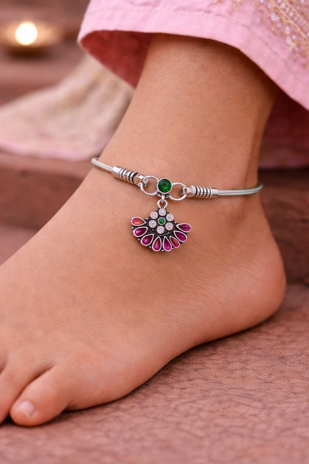 Dual-Tone Floral Charm Anklet with Green & Ruby Stones