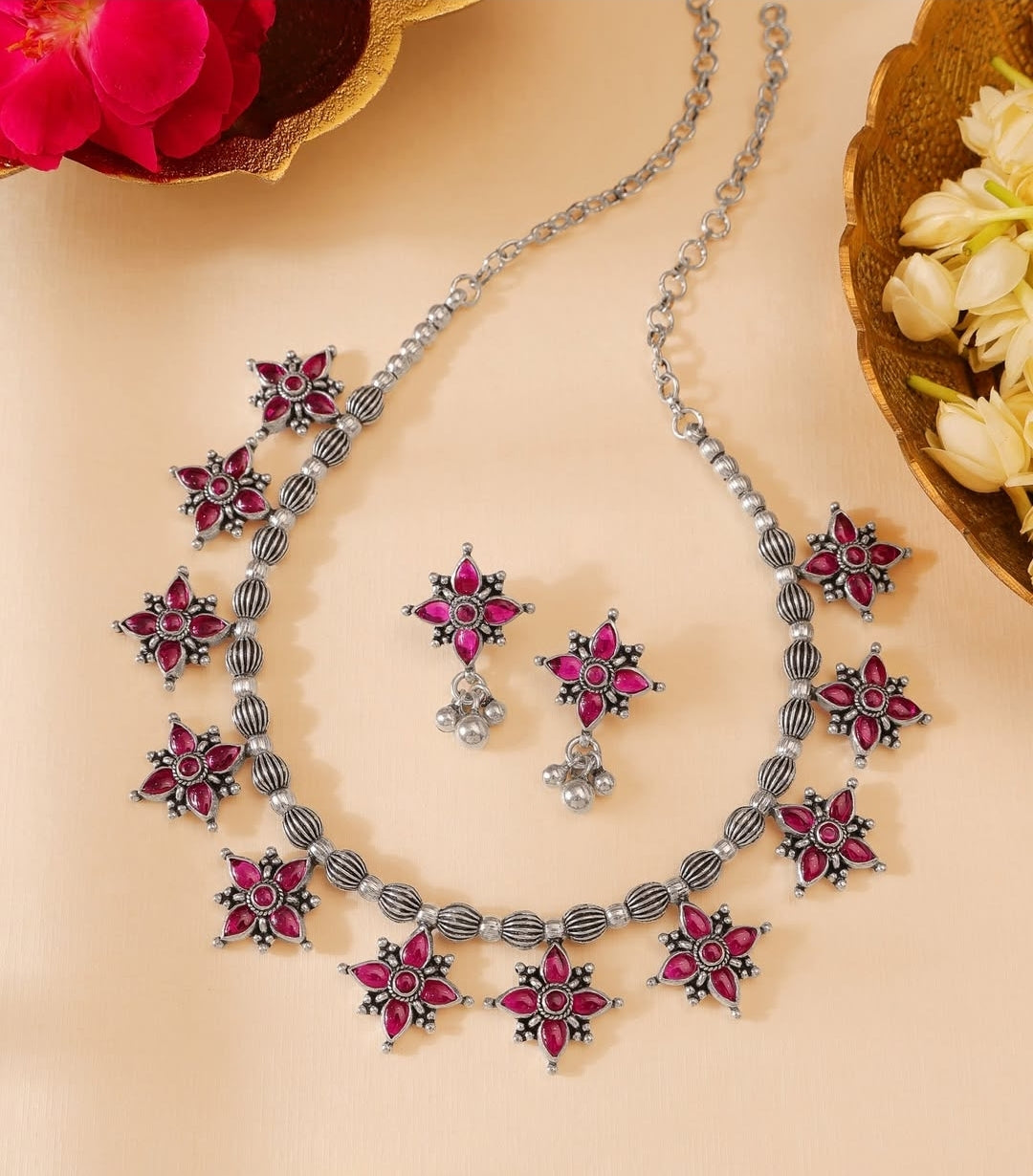 Pink Floral Statement Necklace & Earring Set (Oxidised Finish)