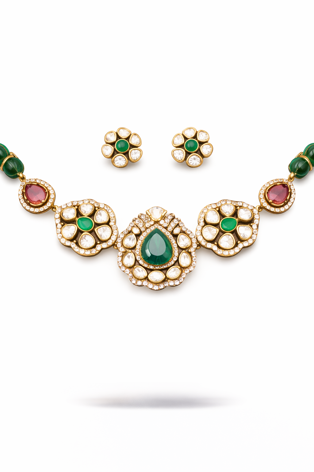 Traditional Kundan Choker Necklace Set with Green Stone Detailing