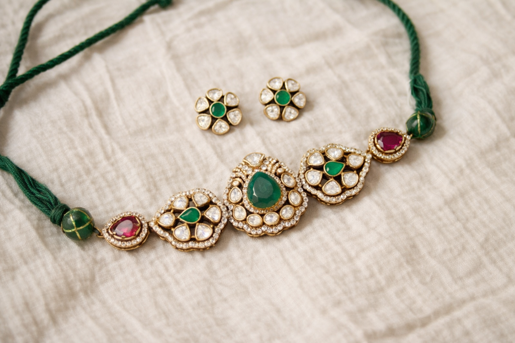Traditional Kundan Choker Necklace Set with Green Stone Detailing