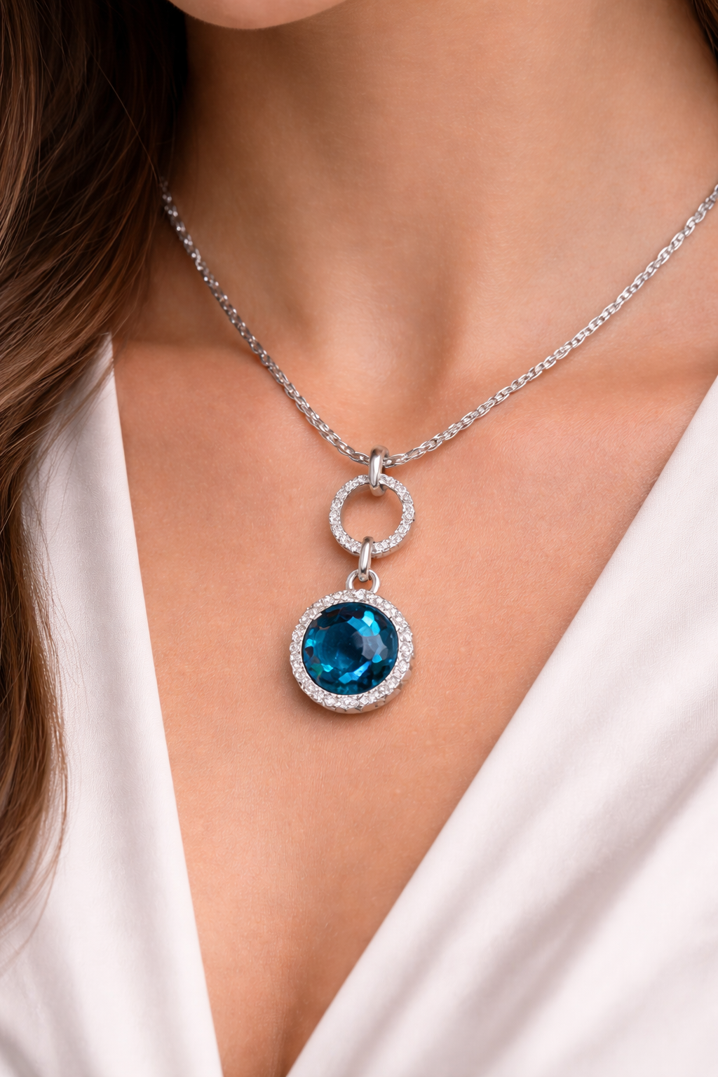 Blue Sapphire Halo Pendant Necklace in Silver Finish