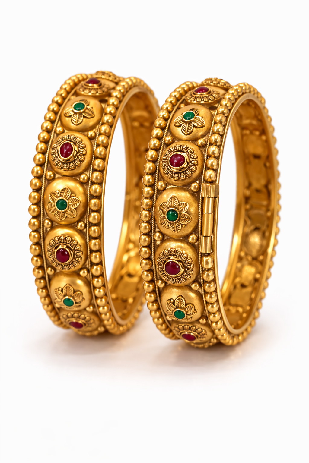 Traditional Temple Gold Bangles with Ruby & Emerald Accents