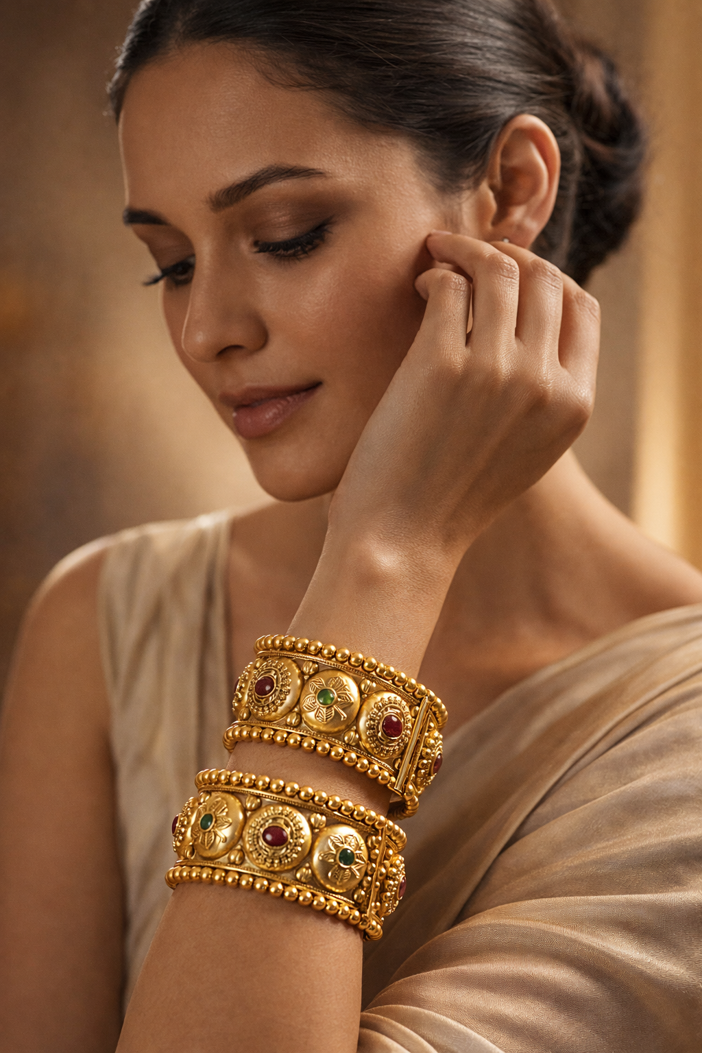 Traditional Temple Gold Bangles with Ruby & Emerald Accents
