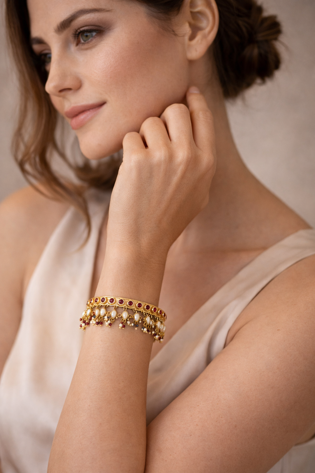 Royal Kundan Pearl Charm Gold Bangle