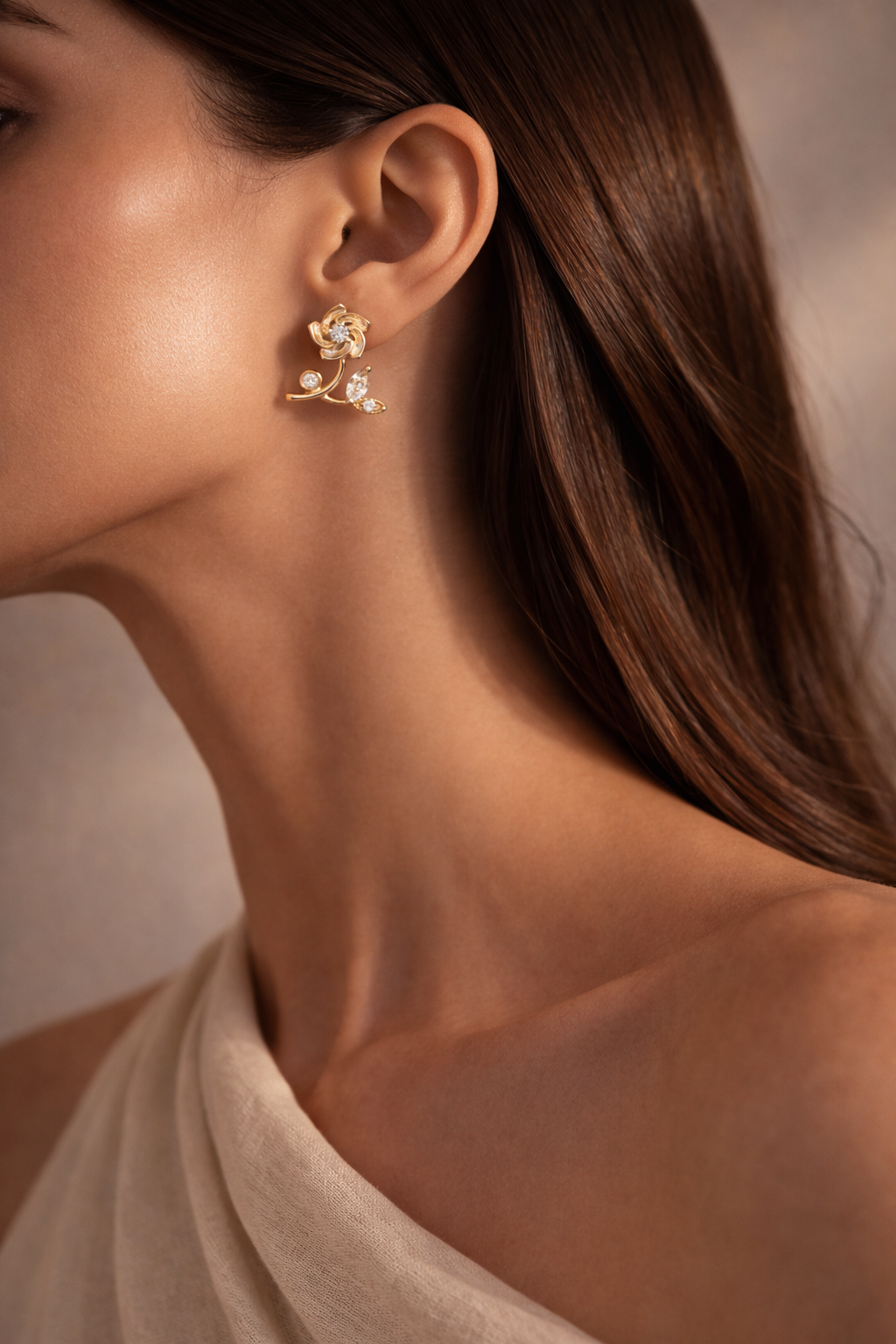 Elegant Gold Floral Diamond Stud Earrings