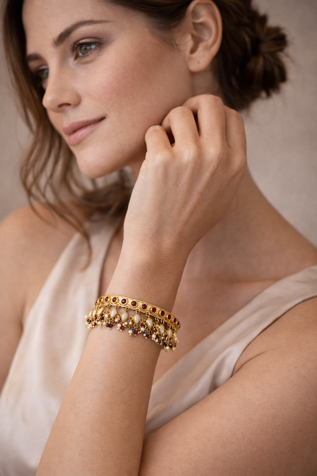 Royal Kundan Pearl Charm Gold Bangle