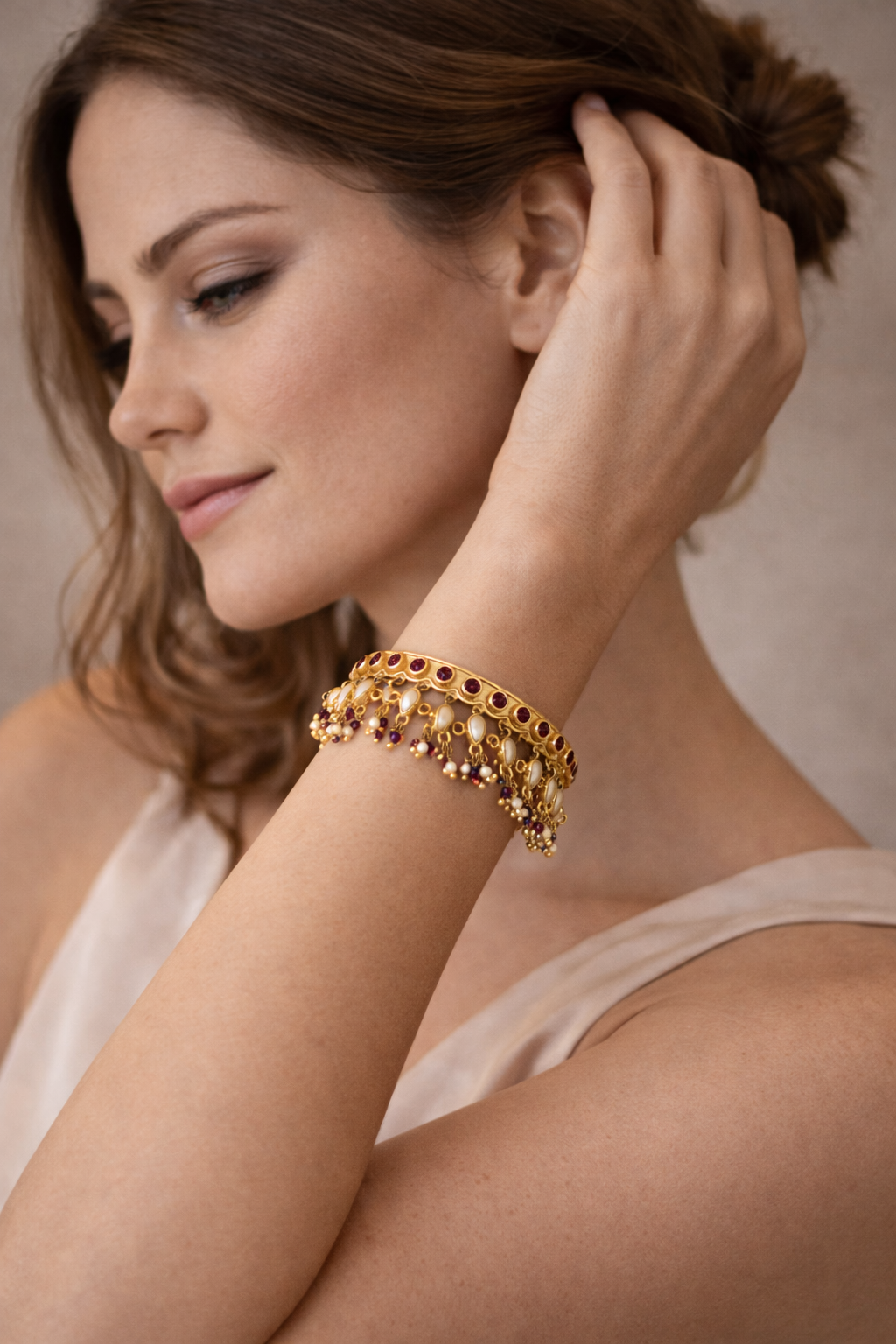 Royal Kundan Pearl Charm Gold Bangle