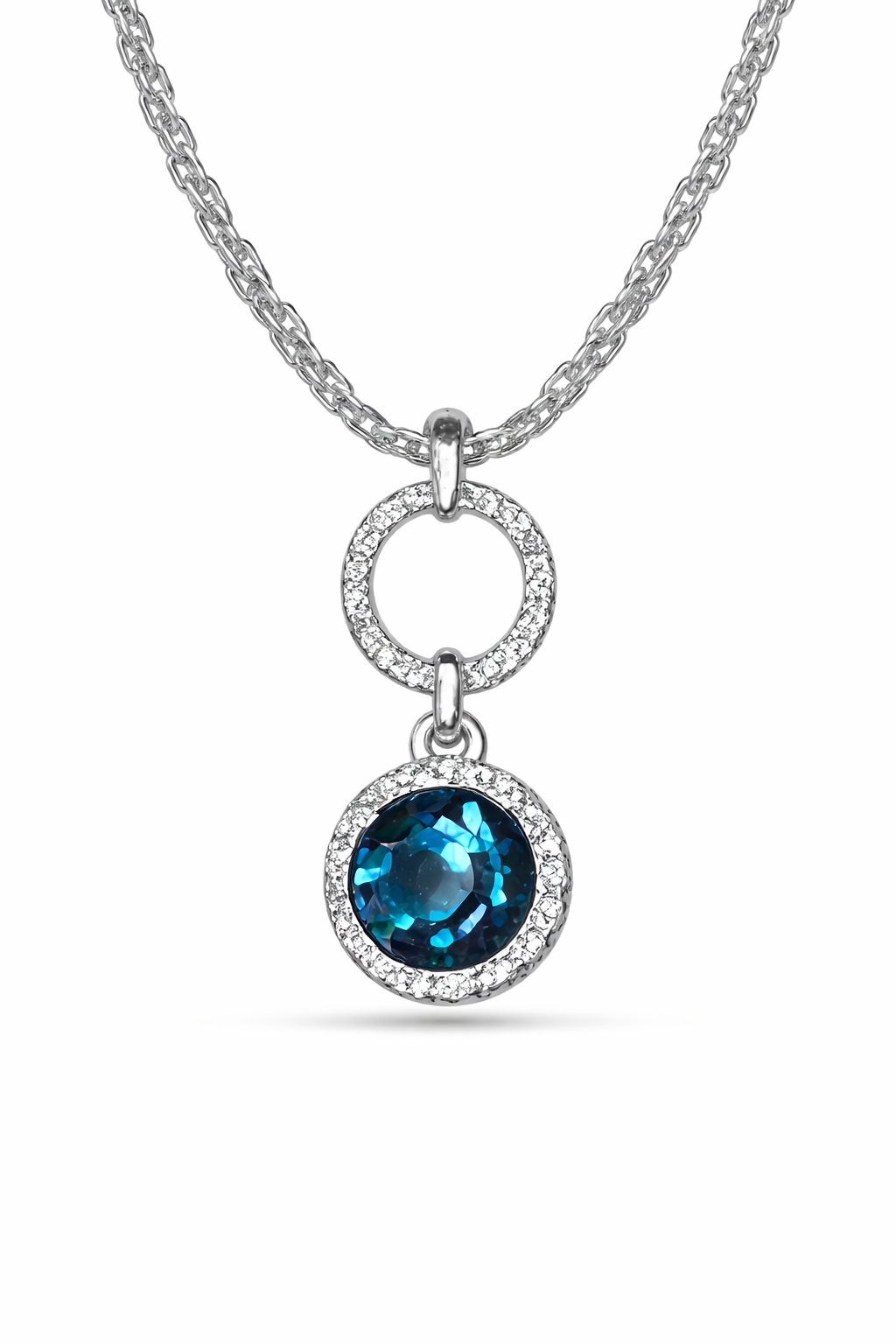 Blue Sapphire Halo Pendant Necklace in Silver Finish