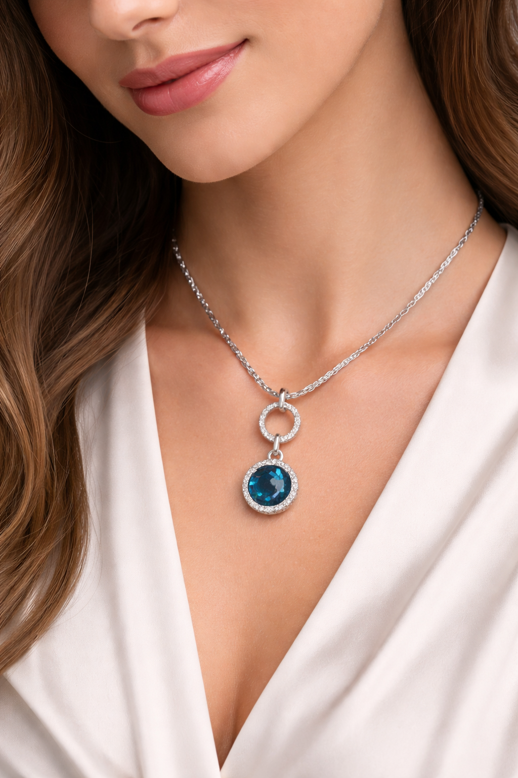 Blue Sapphire Halo Pendant Necklace in Silver Finish