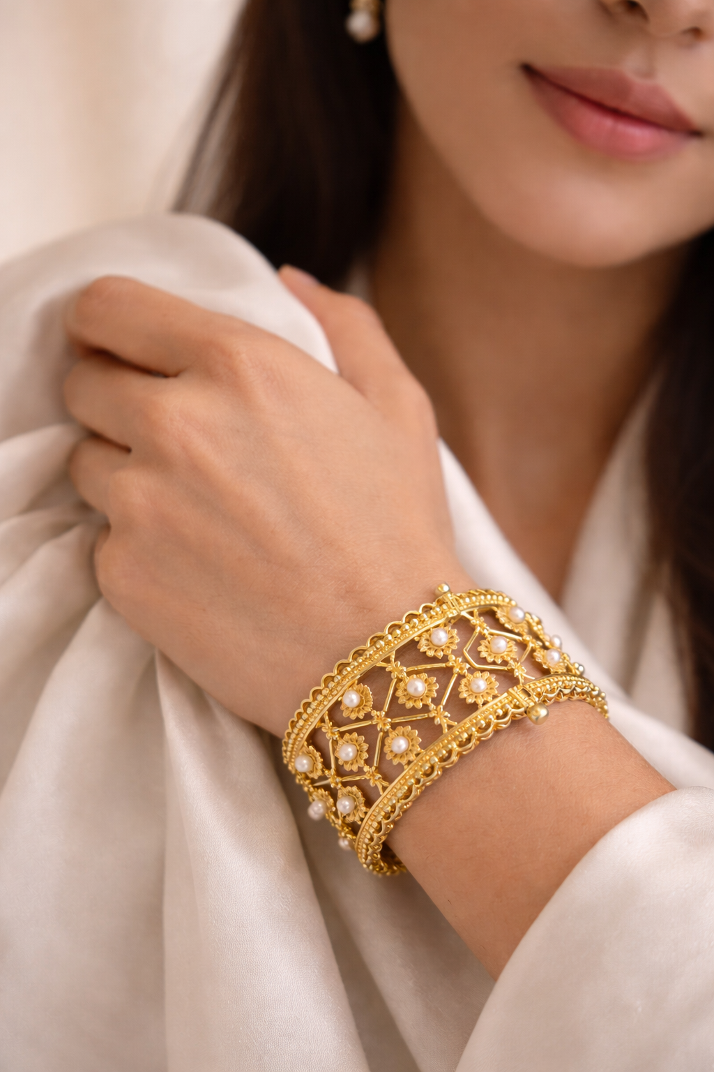 Royal Pearl Floral Gold Cuff Bracelet
