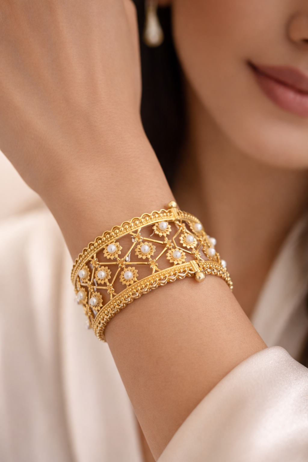 Royal Pearl Floral Gold Cuff Bracelet