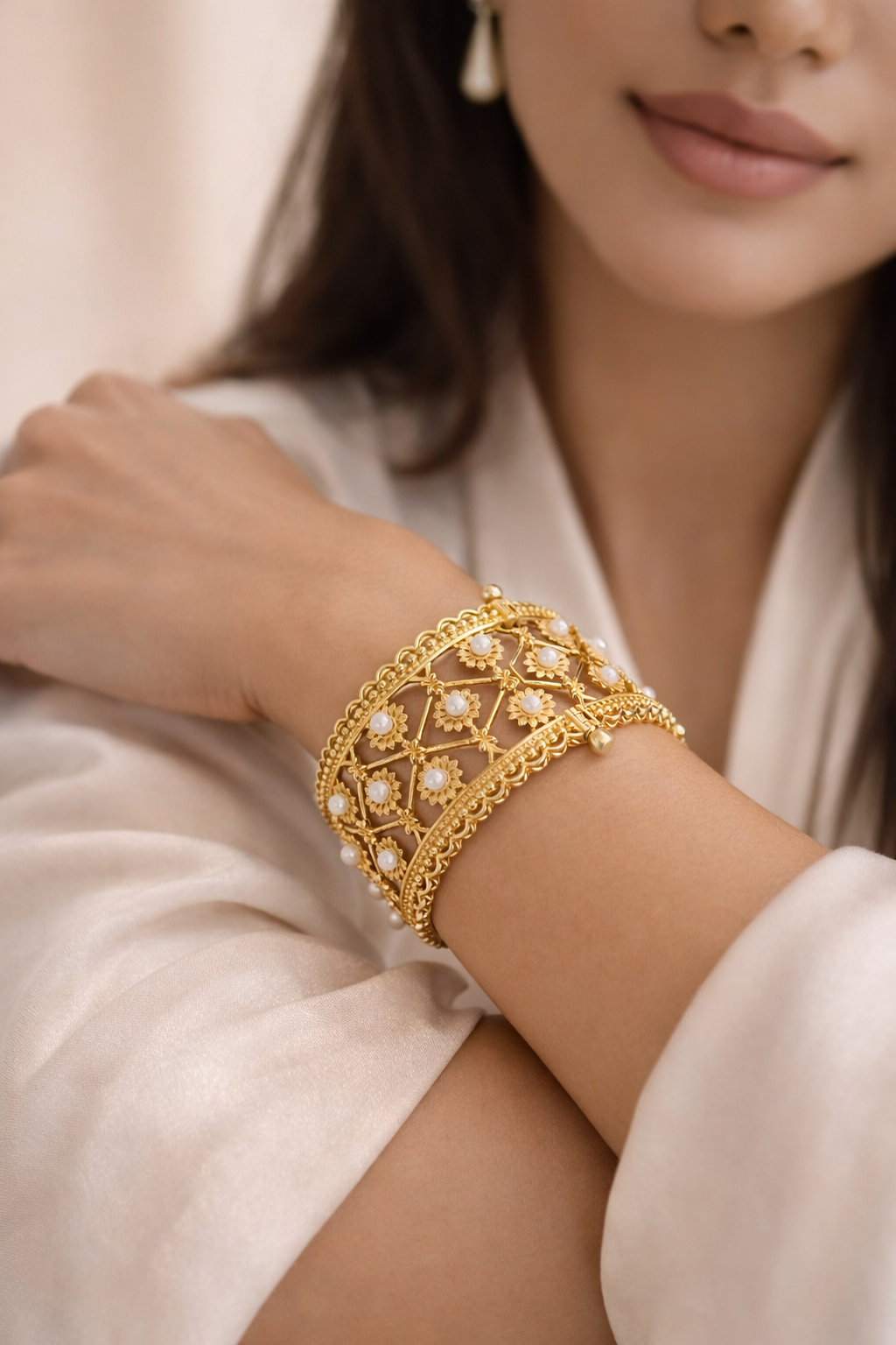 Royal Pearl Floral Gold Cuff Bracelet