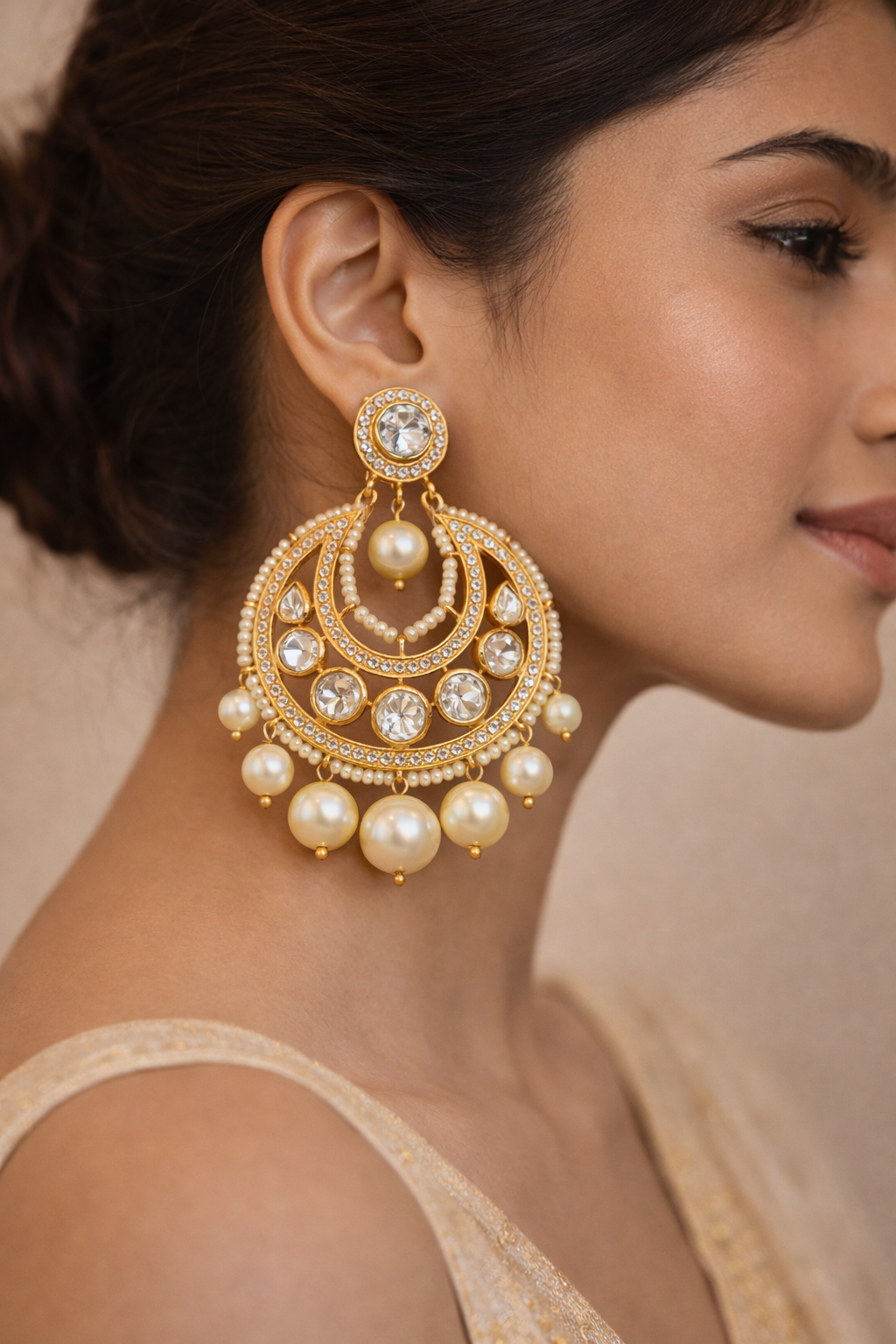 Traditional Pearl Chandbali Gold Earrings