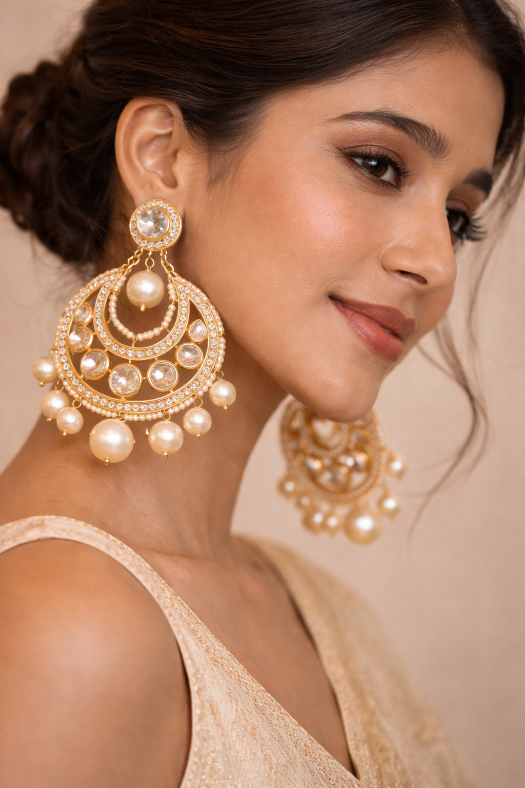 Traditional Pearl Chandbali Gold Earrings