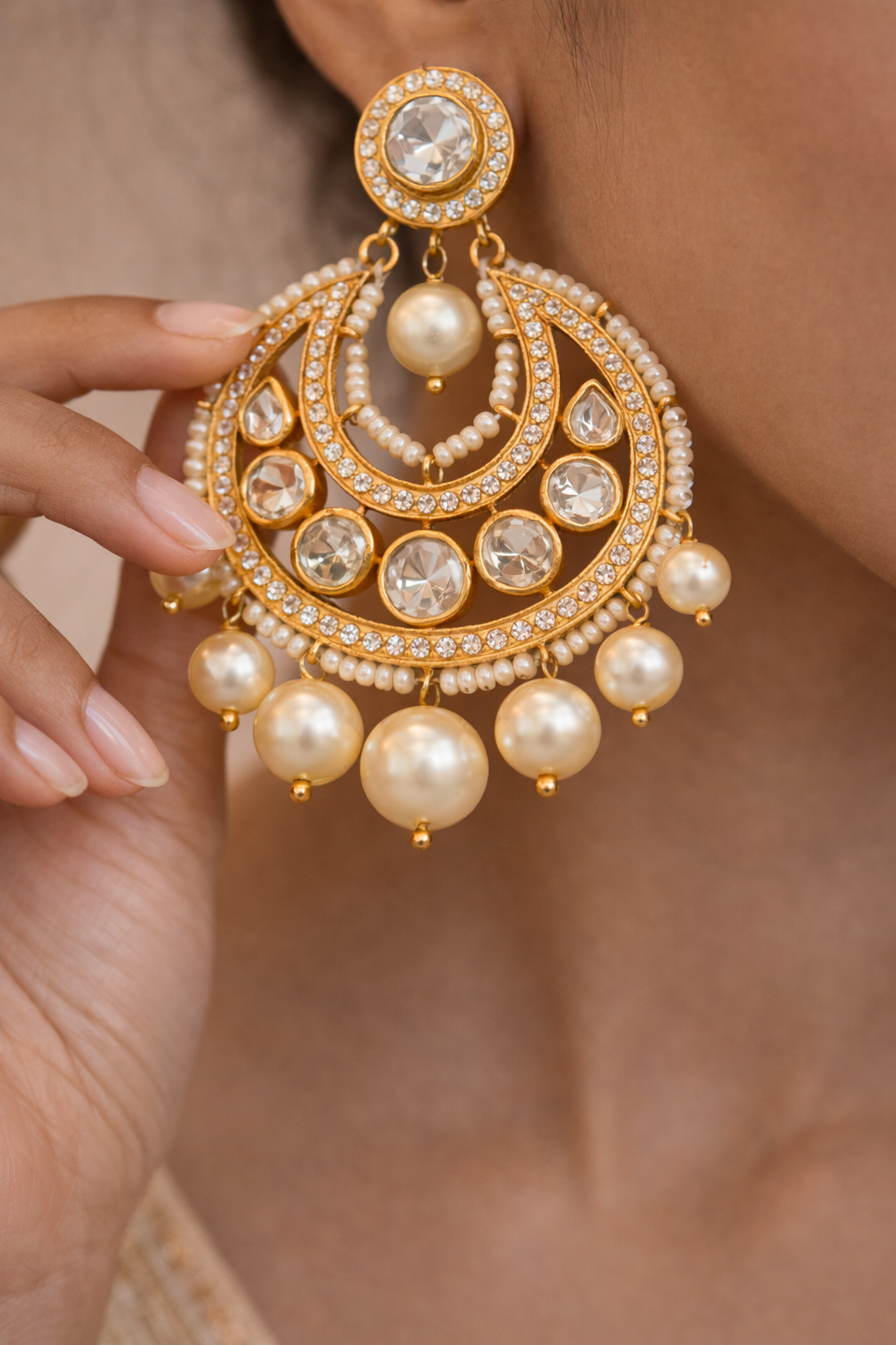 Traditional Pearl Chandbali Gold Earrings
