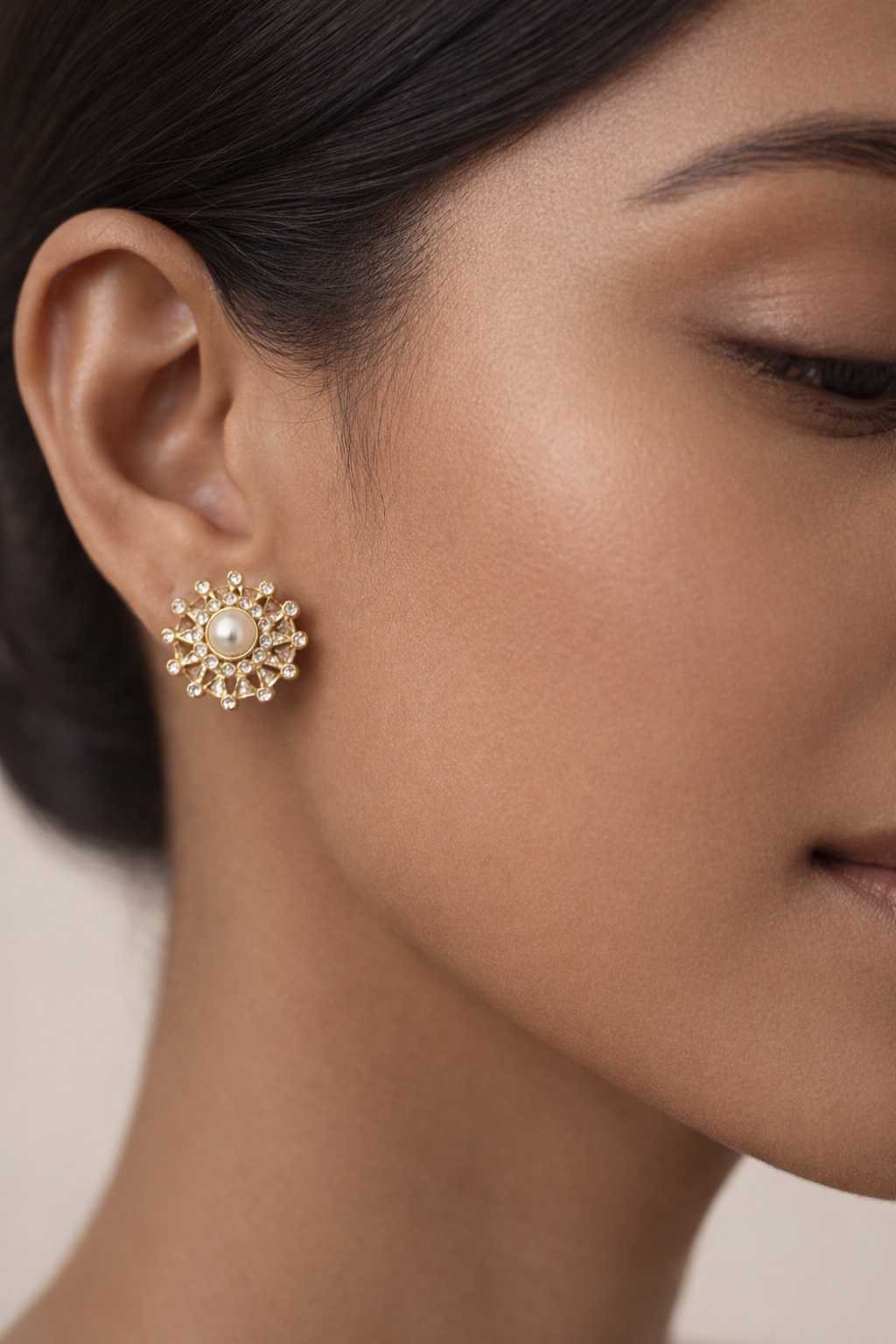 Classic Pearl Halo Gold Stud Earrings