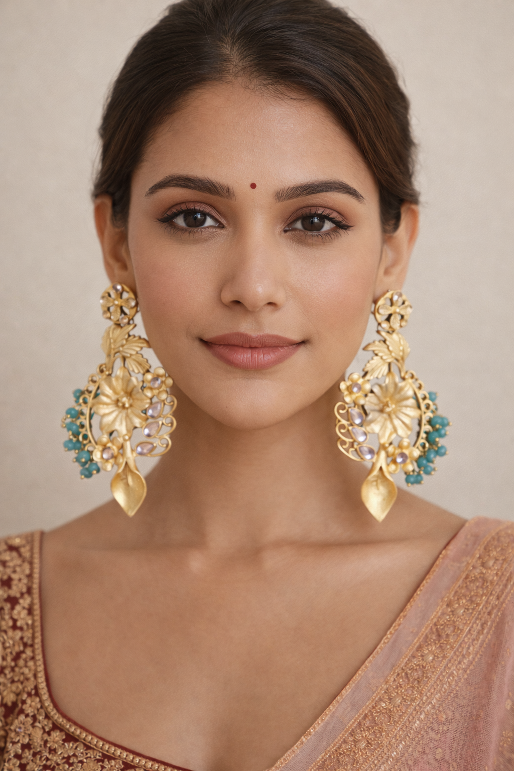 Artisan Floral Gold Statement Earrings with Blue Bead Accents