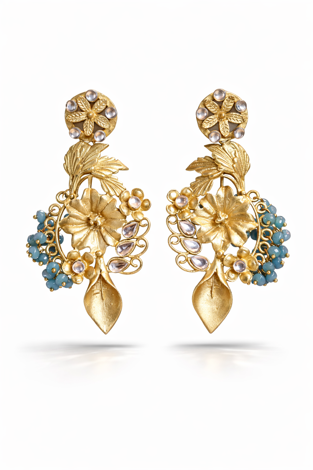 Artisan Floral Gold Statement Earrings with Blue Bead Accents