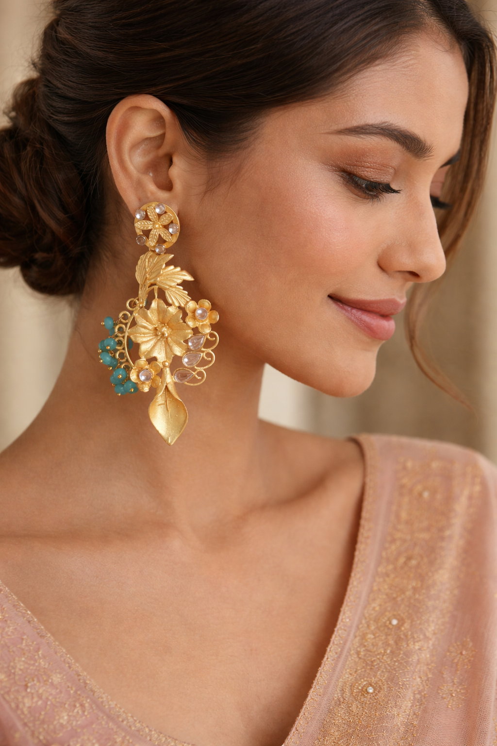 Artisan Floral Gold Statement Earrings with Blue Bead Accents