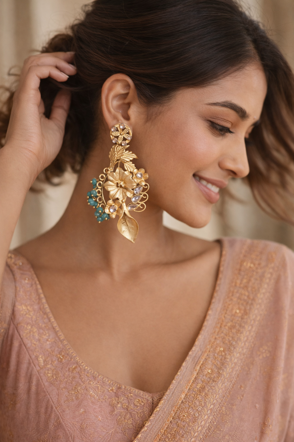 Artisan Floral Gold Statement Earrings with Blue Bead Accents