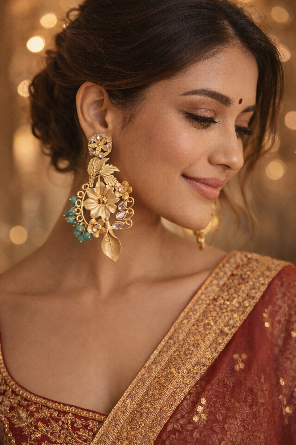 Artisan Floral Gold Statement Earrings with Blue Bead Accents