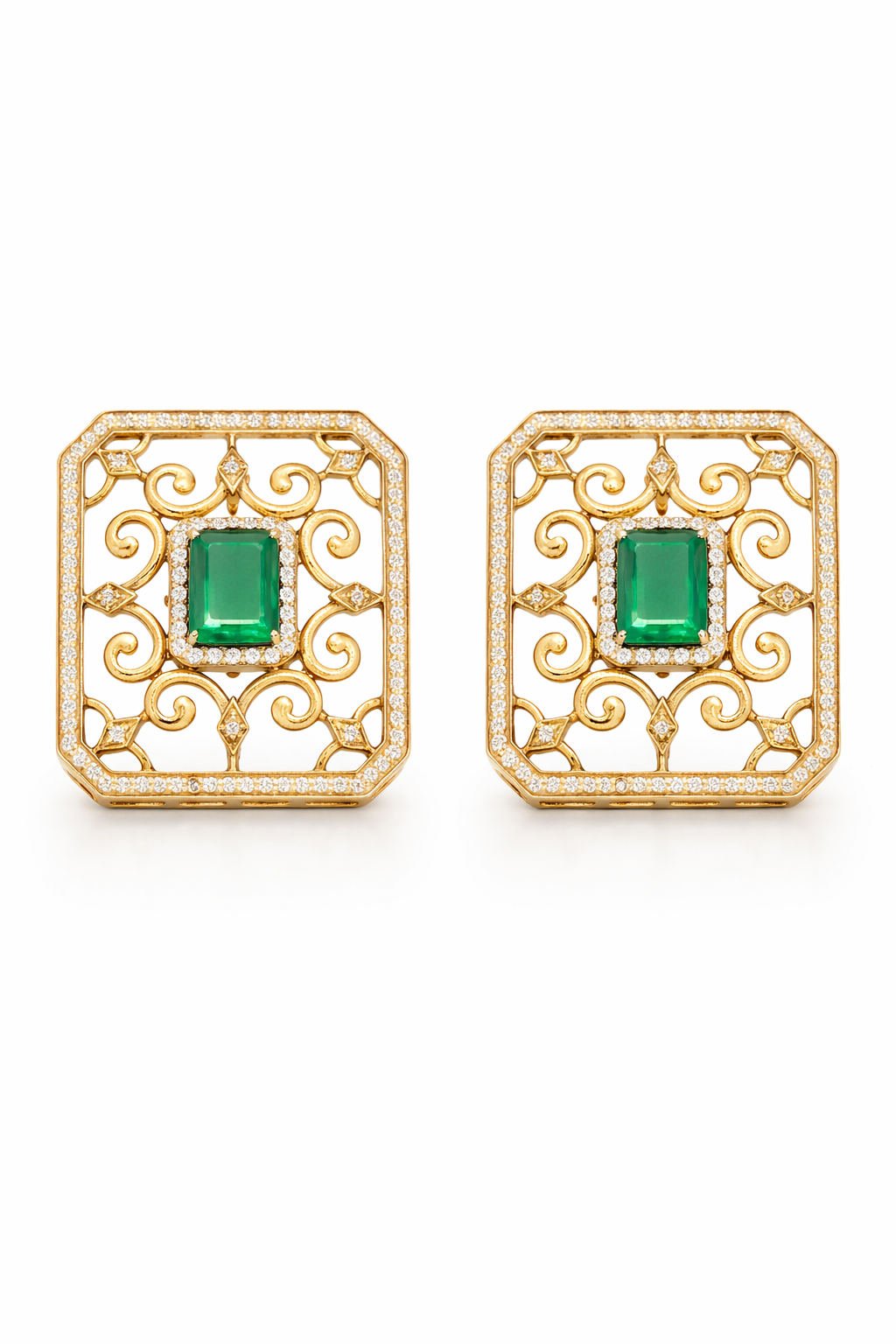 Emerald Filigree Gold Statement Stud Earrings