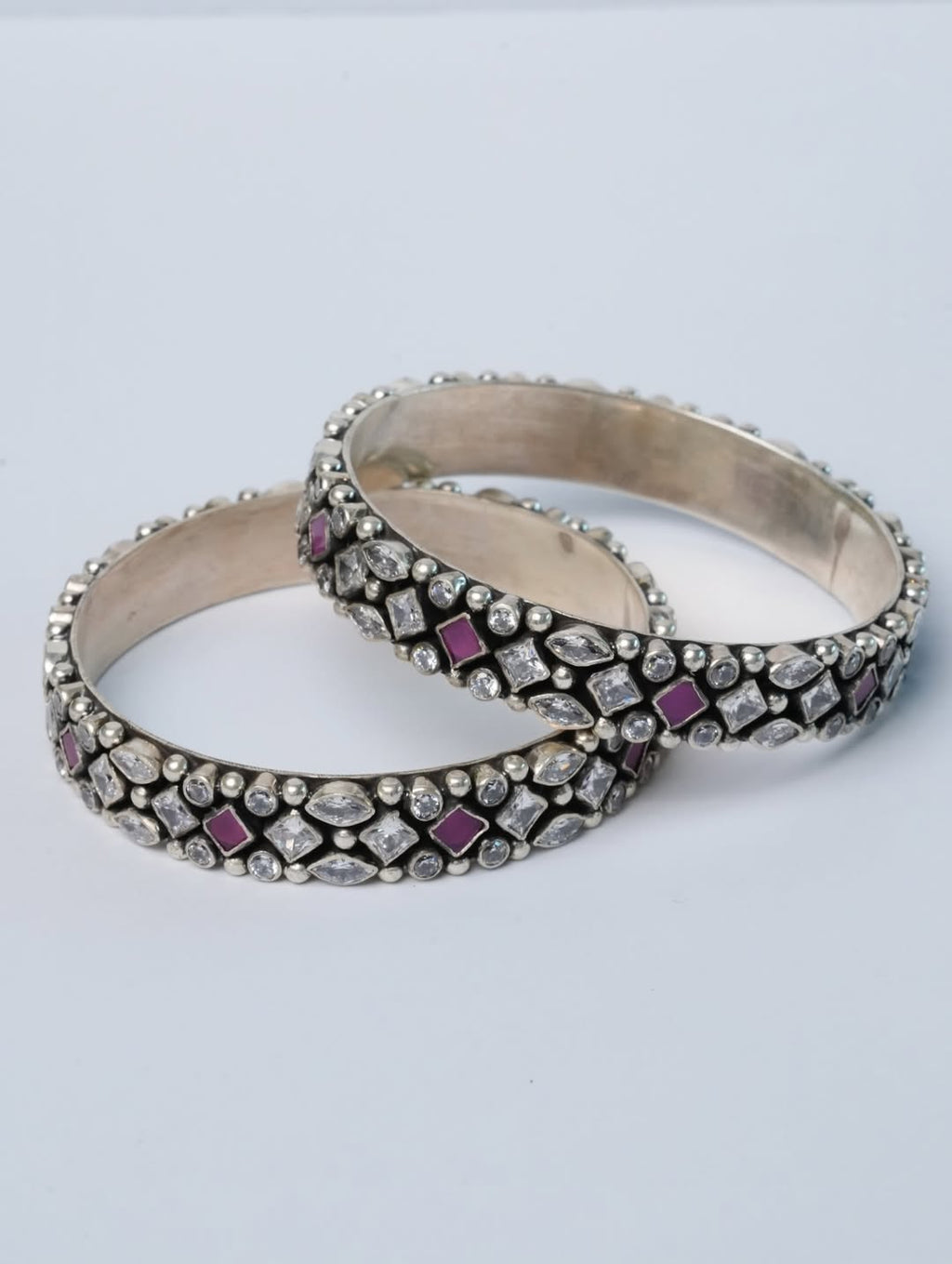 Shehnai Oxidised Silver Bangle Set – Victorian Polki & Ruby Stone Kada Pair