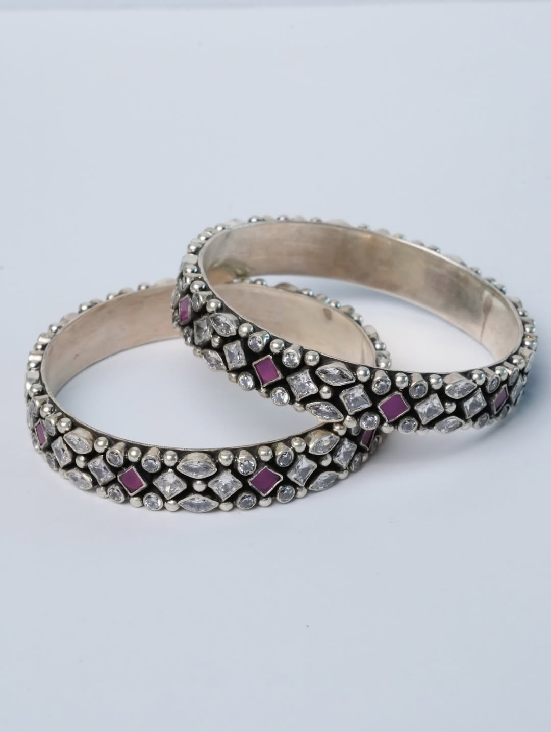 Shehnai Oxidised Silver Bangle Set – Victorian Polki & Ruby Stone Kada Pair