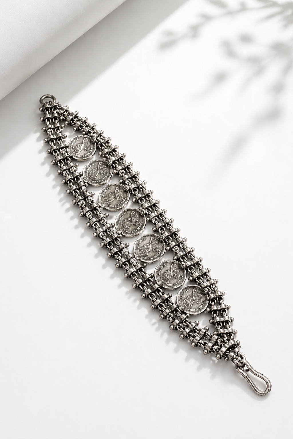 Vintage Coin Style Oxidized Silver Bracelet