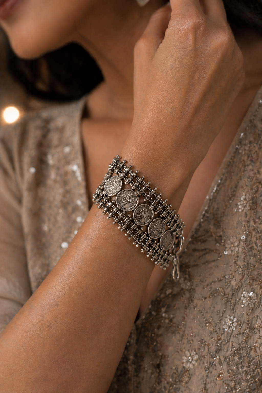 Vintage Coin Style Oxidized Silver Bracelet