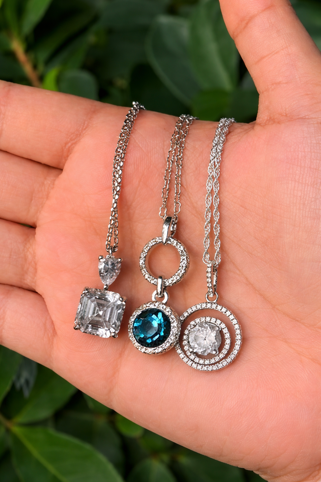 Blue Sapphire Halo Pendant Necklace in Silver Finish