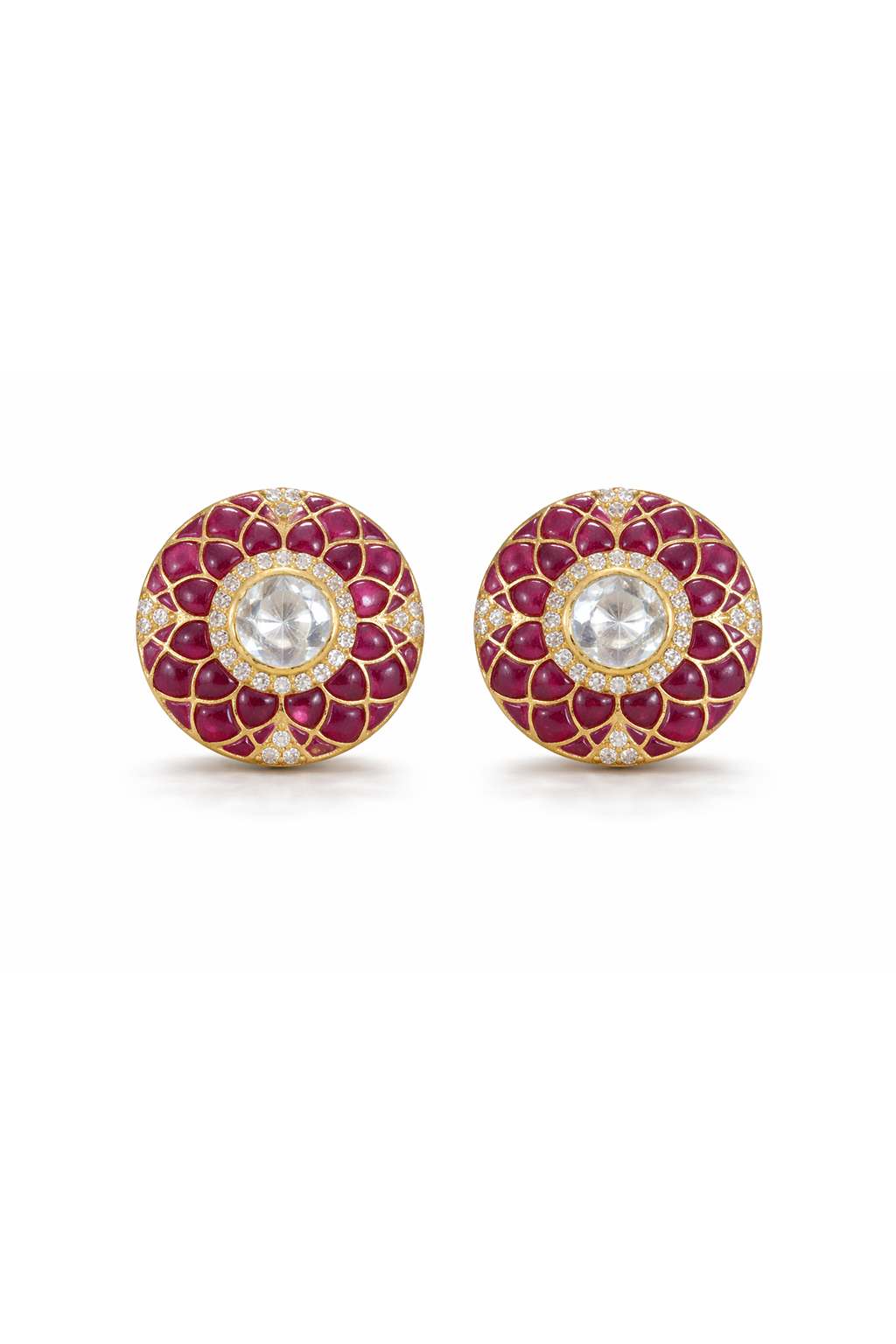 Ruby-Inspired Kundan Stud Earrings with Crystal Detailing