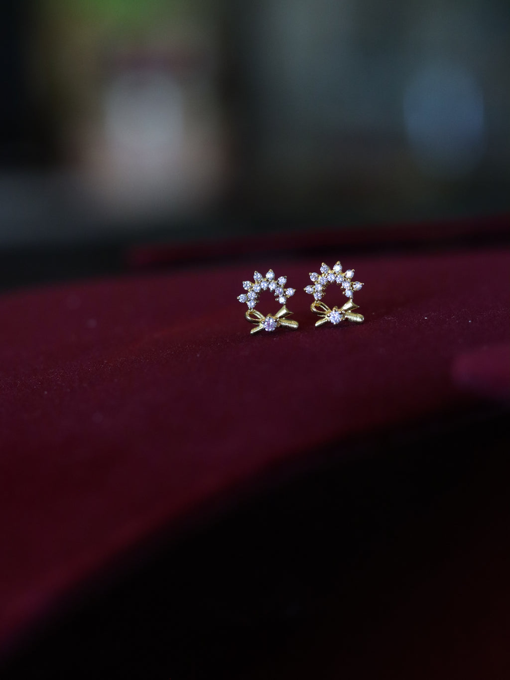 Cute Bow Floral Crystal Stud Earrings in Gold Finish