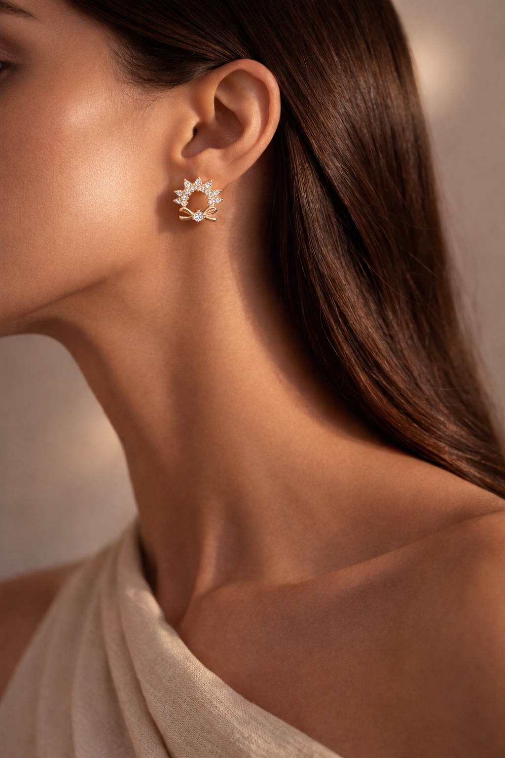 Cute Bow Floral Crystal Stud Earrings in Gold Finish