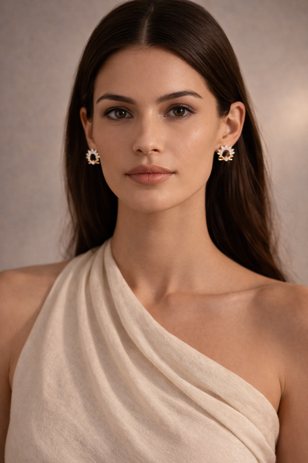Cute Bow Floral Crystal Stud Earrings in Gold Finish