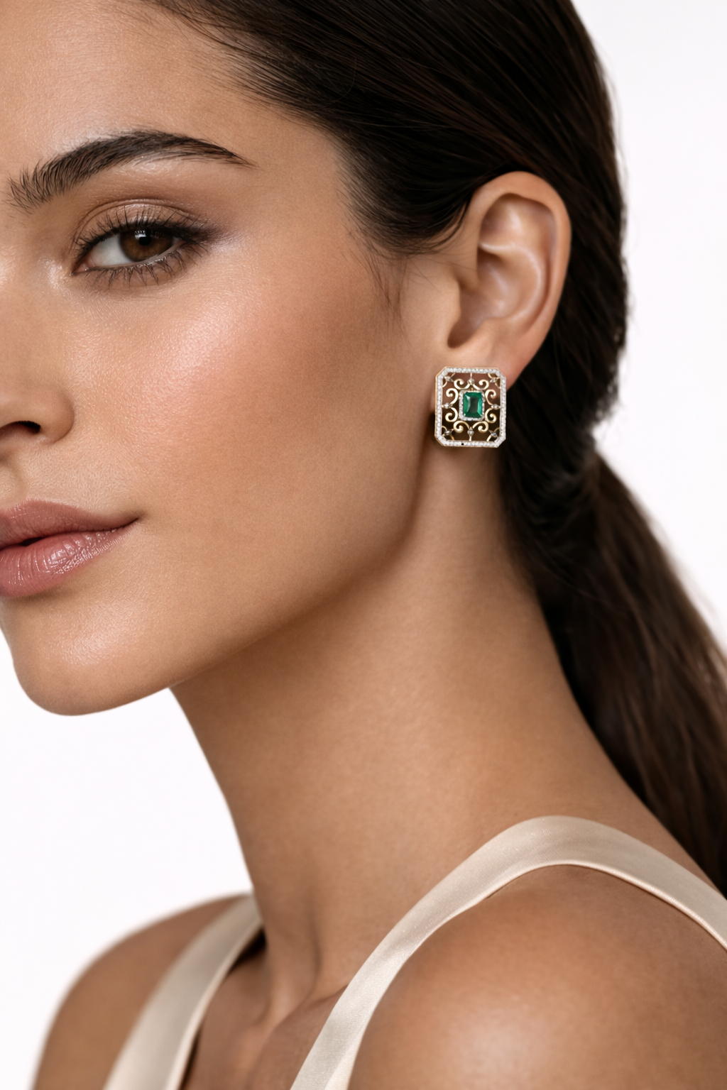 Emerald Filigree Gold Statement Stud Earrings