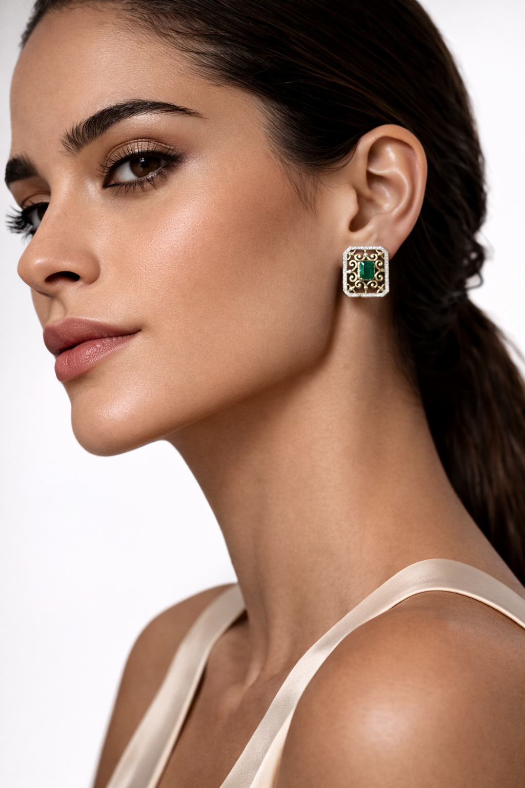 Emerald Filigree Gold Statement Stud Earrings