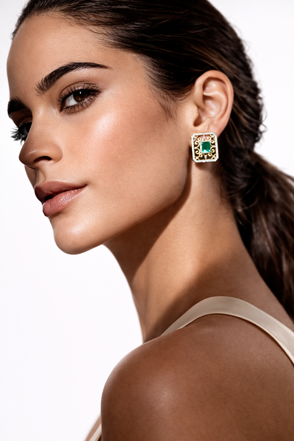 Emerald Filigree Gold Statement Stud Earrings