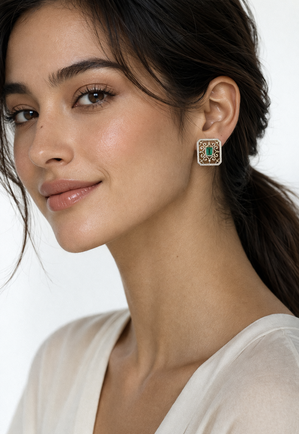 Emerald Filigree Gold Statement Stud Earrings