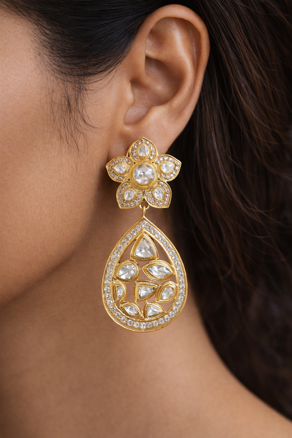 Elegant Kundan Floral Teardrop Earrings