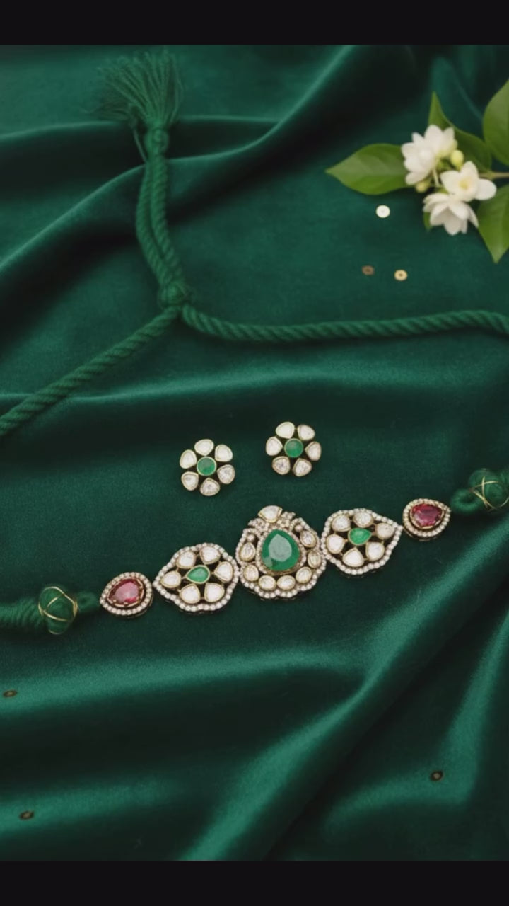 Traditional Kundan Choker Necklace Set with Green Stone Detailing