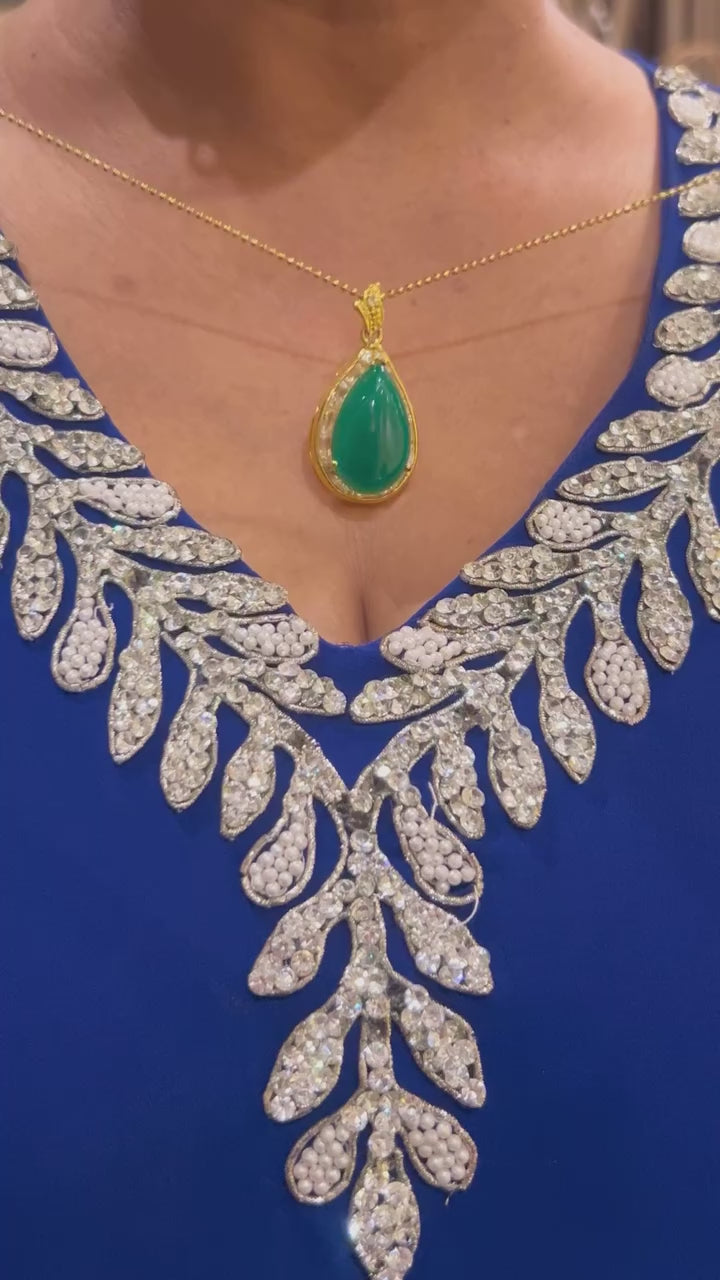 Green Teardrop Gemstone Pendant Necklace in Gold Finish